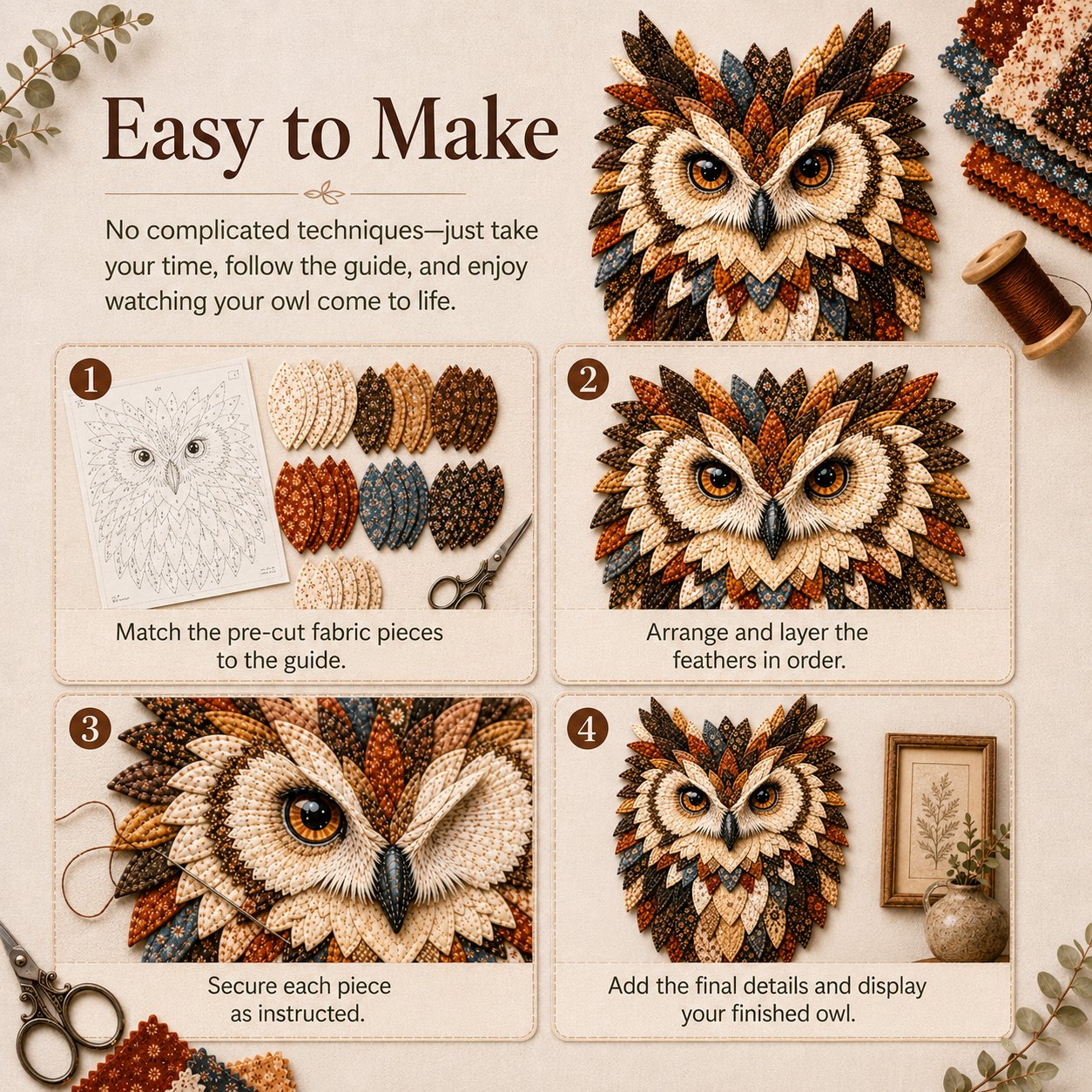 🦉 Layered Fabric Owl Wall Art DIY Kit – Relaxing Craft, Beautiful Results