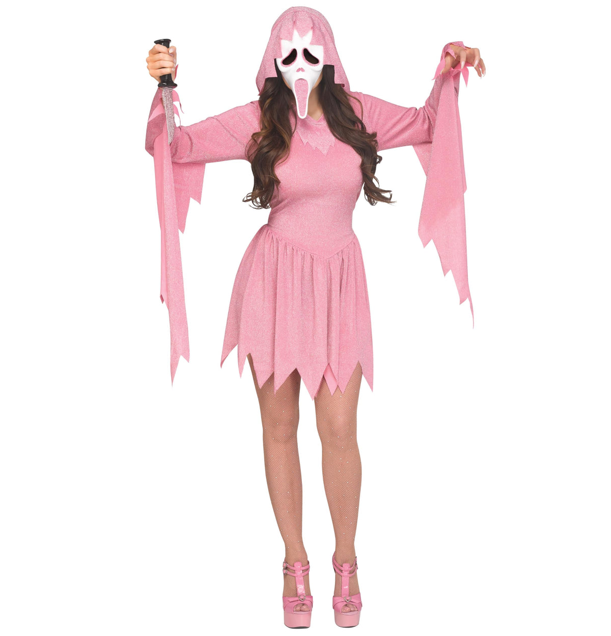 Pink Glitter Ghost Costume | Hooded Dress &Screaming Mask (Kids & Adult)
