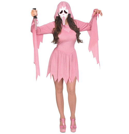 Pink Glitter Ghost Costume | Hooded Dress &Screaming Mask (Kids & Adult)