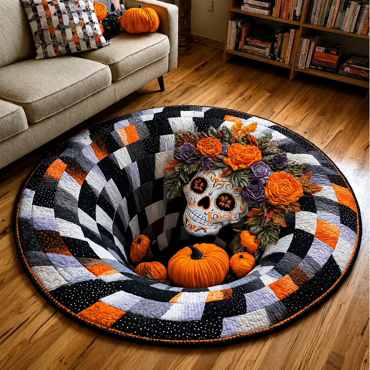 3D Skeleton Vortex Quilted Round Halloween Rug