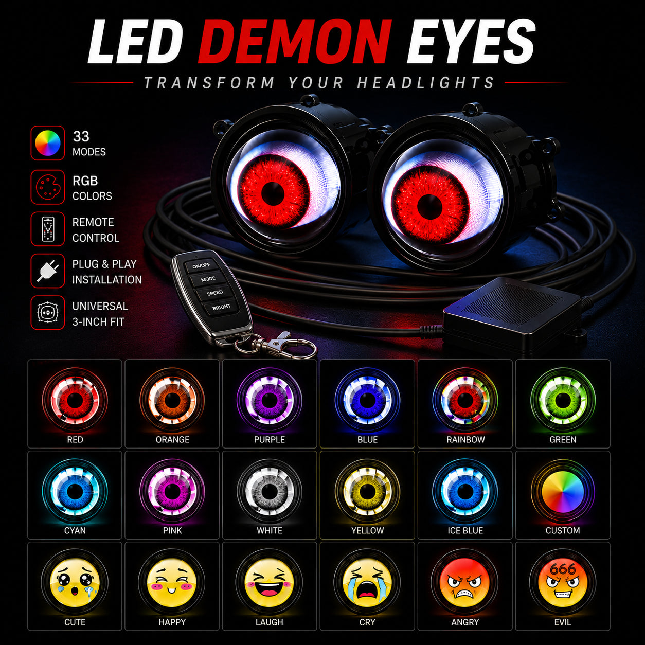 🏎️GhostLens Demon Eye LED Headlight Kit - Fits all cars, makes/models❗️