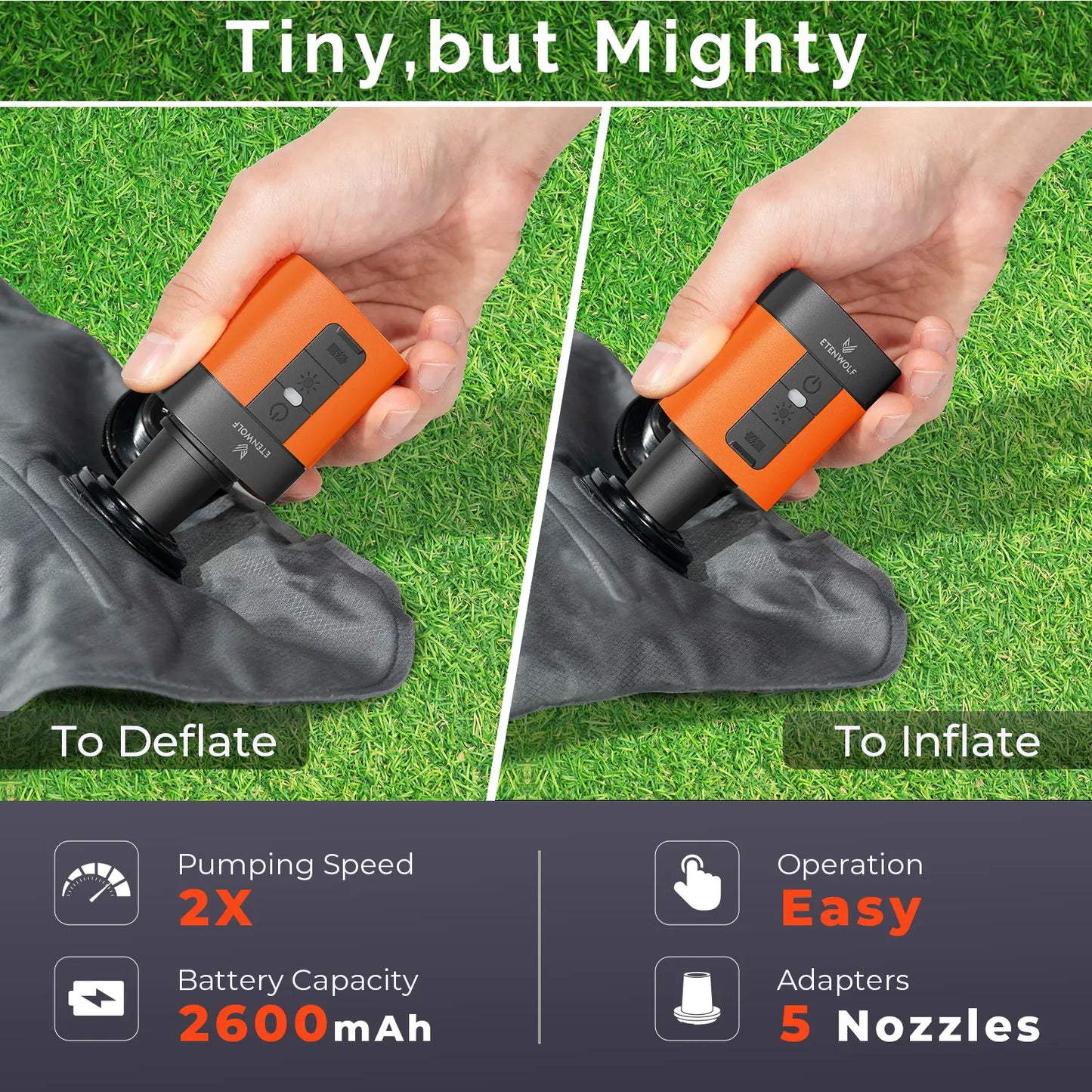 Portable Electric Air Pump, 2600mAh Rechargeable, 2X Pumping Speed, 5 Nozzles, LED Light, for Inflatables and Camping