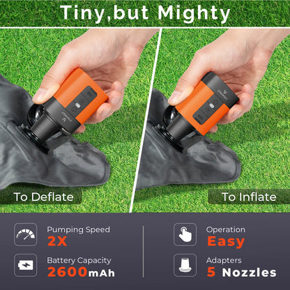 Portable Electric Air Pump, 2600mAh Rechargeable, 2X Pumping Speed, 5 Nozzles, LED Light, for Inflatables and Camping