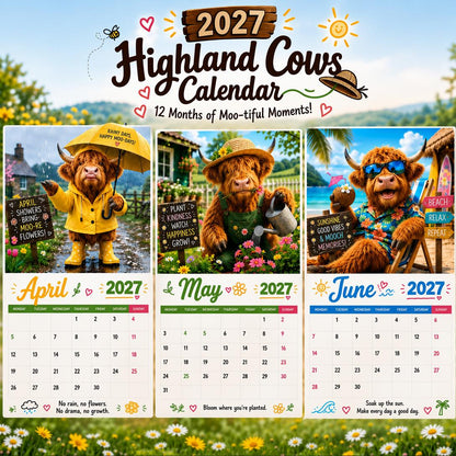🐮🎁2027 Funny Highland Cows Wall Calendar | A4 Hanging Calendar