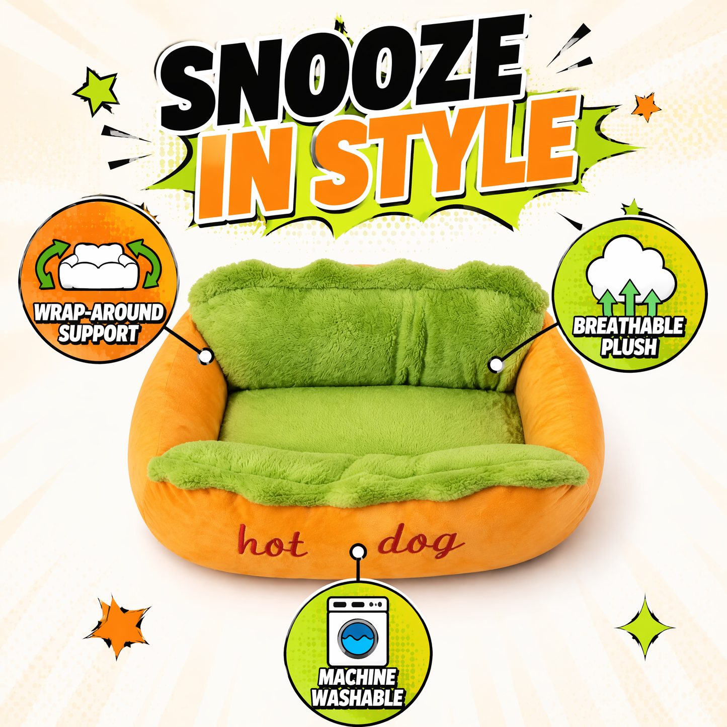 Hot Dog Plush Pet Bed – Ultra-Soft Calming Bed for Dogs & Cats