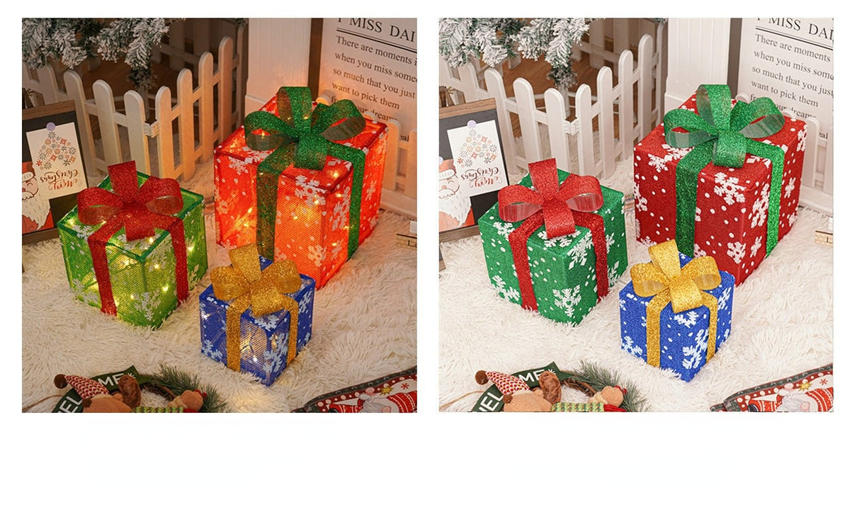 🔥Christmas Sale🎁3pc Festive Christmas Ornaments Set with Gift Box - 8 Modes, Remote Control, Warm Light LED, Ribbon Accents, DIY Assembly