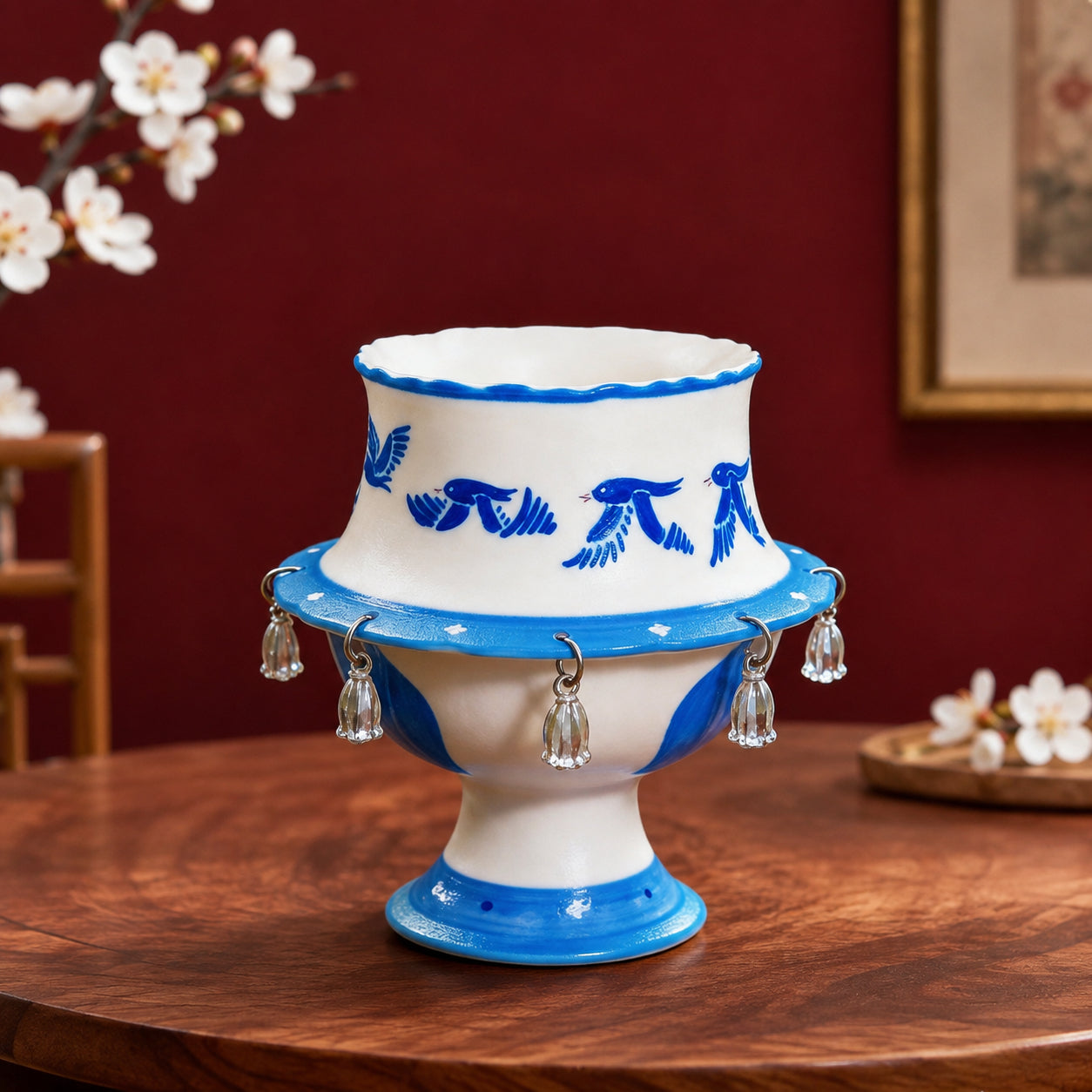 Rotating Bird Ceramic Cup Decor – Handmade Spinning Bell Tabletop Ornament