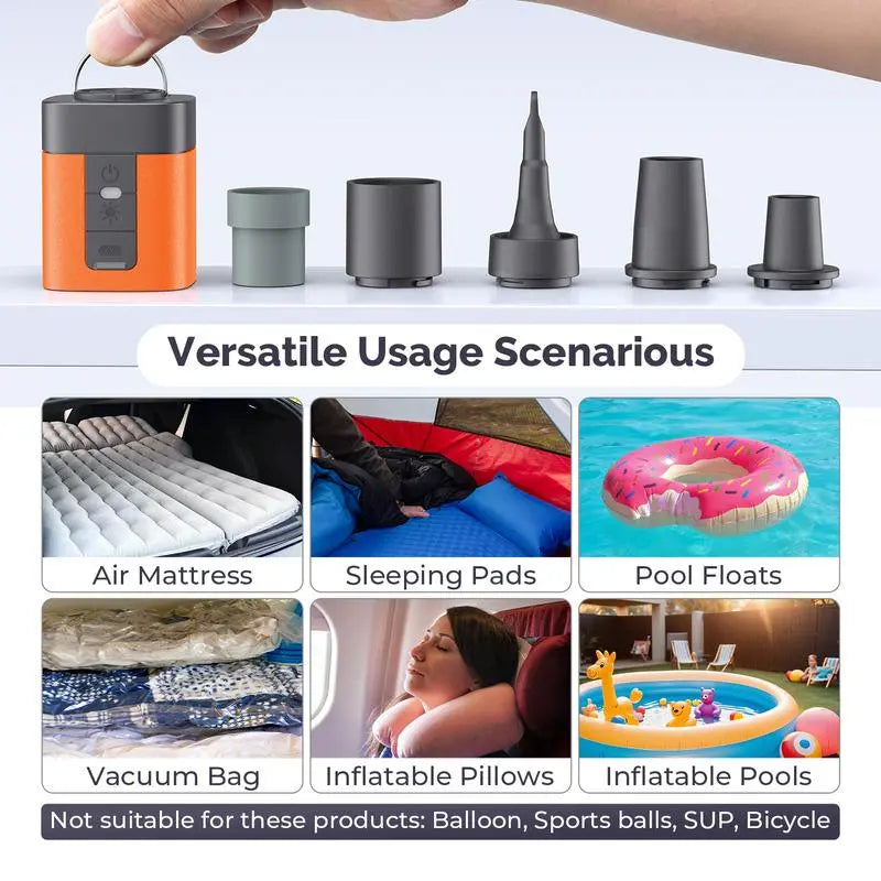 Portable Electric Air Pump, 2600mAh Rechargeable, 2X Pumping Speed, 5 Nozzles, LED Light, for Inflatables and Camping