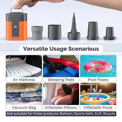 Portable Electric Air Pump, 2600mAh Rechargeable, 2X Pumping Speed, 5 Nozzles, LED Light, for Inflatables and Camping