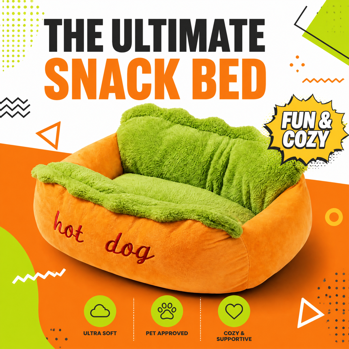 Hot Dog Plush Pet Bed – Ultra-Soft Calming Bed for Dogs & Cats