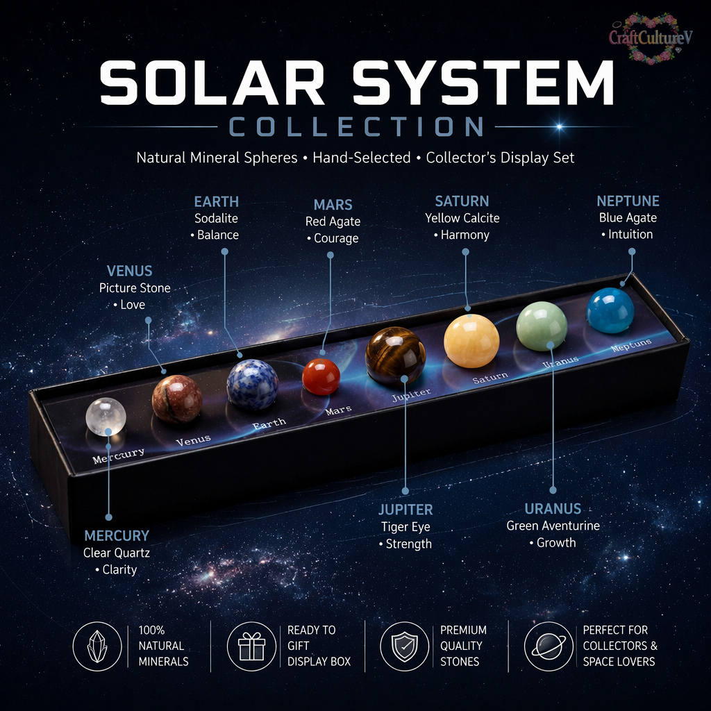 🌌HOLIDAY SALE: SOLAR SYSTEM CRYSTAL COLLECTION — 9 PLANET GEMSTONES IN A WOODEN DISPLAY BOX🌌