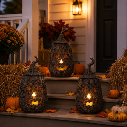 🎃Rustic Wicker Pumpkin Candle Holder - Handwoven Jack-O’-Lantern Halloween Porch Decor