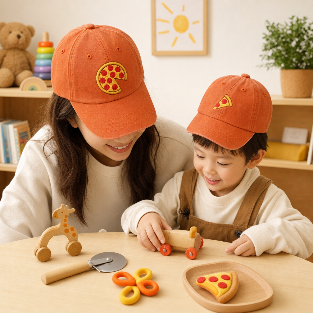 🧢Matching Pizza Hat Set for Parent and Child, Embroidered Pizza Slice and Whole Pie Hats, Funny Foodie Family Cap Set, Dad and Kid Gift