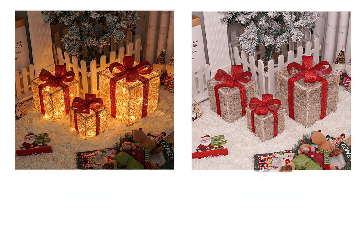 🔥Christmas Sale🎁3pc Festive Christmas Ornaments Set with Gift Box - 8 Modes, Remote Control, Warm Light LED, Ribbon Accents, DIY Assembly