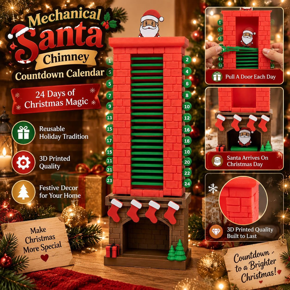 🎅 3D Printed Santa Chimney Advent Calendar – 24-Day Christmas Countdown 🎄