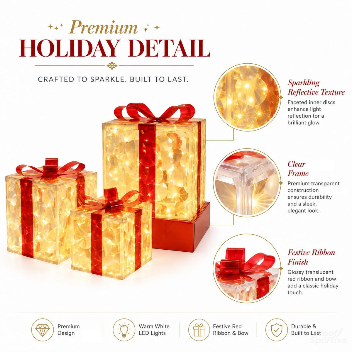 🔥Christmas Sale🎁3pc Festive Christmas Ornaments Set with Gift Box - 8 Modes, Remote Control, Warm Light LED, Ribbon Accents, DIY Assembly