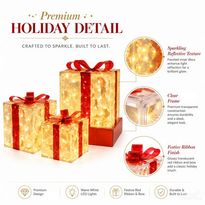 🔥Christmas Sale🎁3pc Festive Christmas Ornaments Set with Gift Box - 8 Modes, Remote Control, Warm Light LED, Ribbon Accents, DIY Assembly