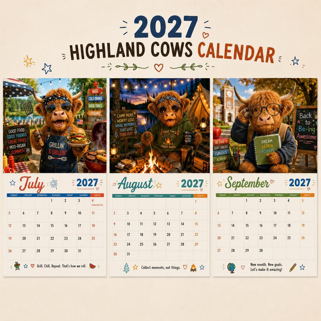 🐮🎁2027 Funny Highland Cows Wall Calendar | A4 Hanging Calendar