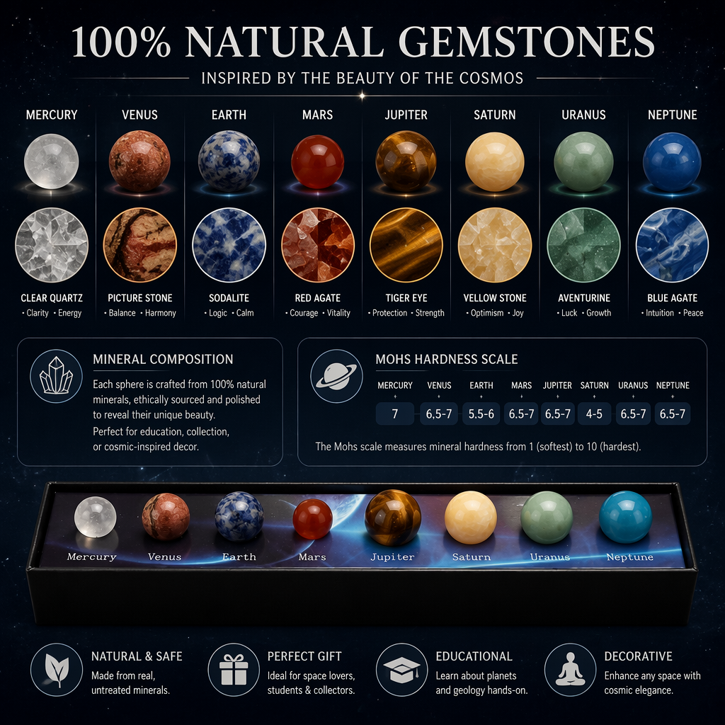 🌌HOLIDAY SALE: SOLAR SYSTEM CRYSTAL COLLECTION — 9 PLANET GEMSTONES IN A WOODEN DISPLAY BOX🌌