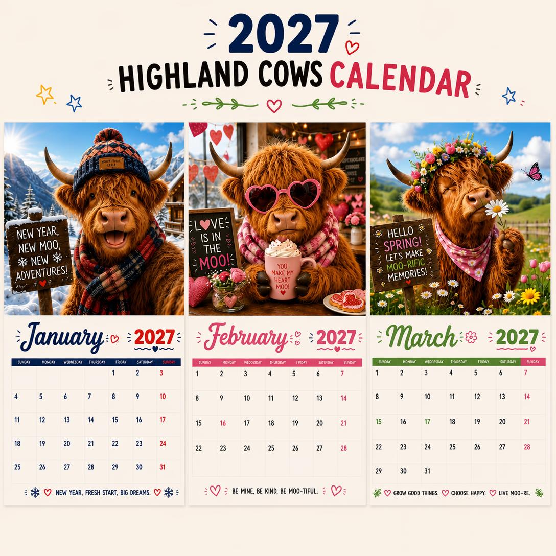 🐮🎁2027 Funny Highland Cows Wall Calendar | A4 Hanging Calendar