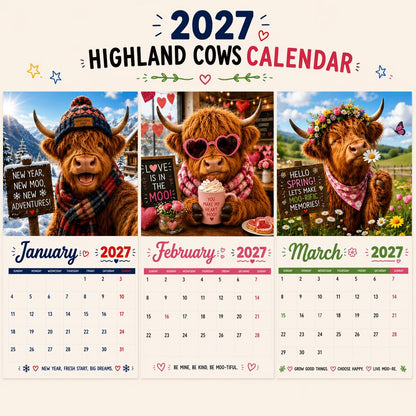 🐮🎁2027 Funny Highland Cows Wall Calendar | A4 Hanging Calendar