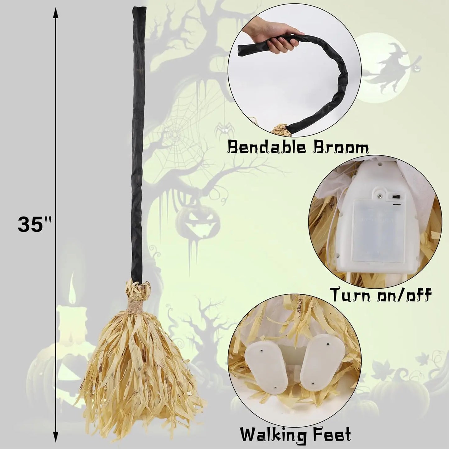 🧙‍♂️Witches Broom Halloween Decor - 35" Animated Light up Moving Broomstick