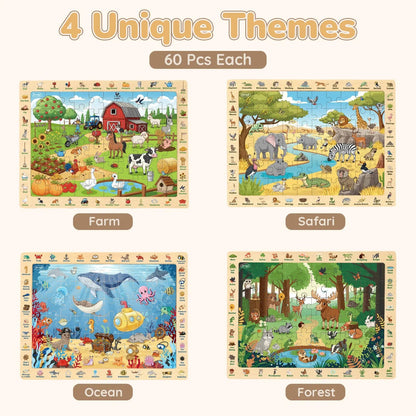 Wooden Search & Find Puzzles Animal Learnig Toys | 4 x 60-Piece
