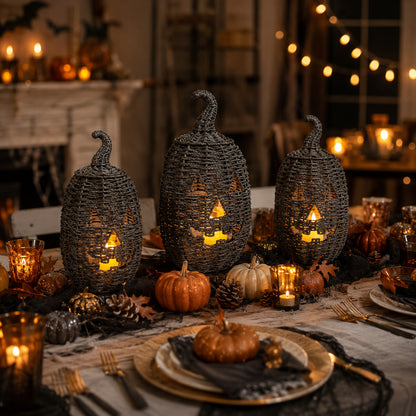 🎃Rustic Wicker Pumpkin Candle Holder - Handwoven Jack-O’-Lantern Halloween Porch Decor
