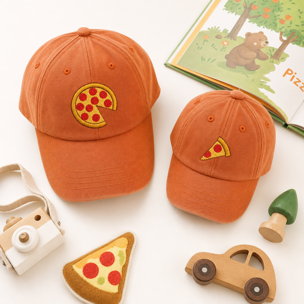 🧢Matching Pizza Hat Set for Parent and Child, Embroidered Pizza Slice and Whole Pie Hats, Funny Foodie Family Cap Set, Dad and Kid Gift