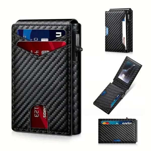 ⚡Wallet for Men - with Pop Up Aluminum Case Slim Leather Slots Credit Card Holder RFID Blocking Bifold Minimalist Wallet