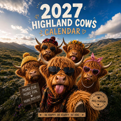 🐮🎁2027 Funny Highland Cows Wall Calendar | A4 Hanging Calendar