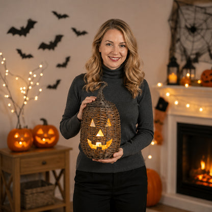 🎃Rustic Wicker Pumpkin Candle Holder - Handwoven Jack-O’-Lantern Halloween Porch Decor