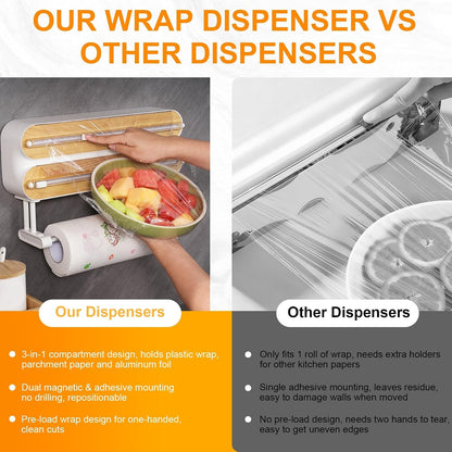 3-in-1 Wooden Kitchen Wrap Organizer – Built-in Cutter for Foil, Plastic Wrap & Wax Paper. Tear Smoothly, Store Neatly.
