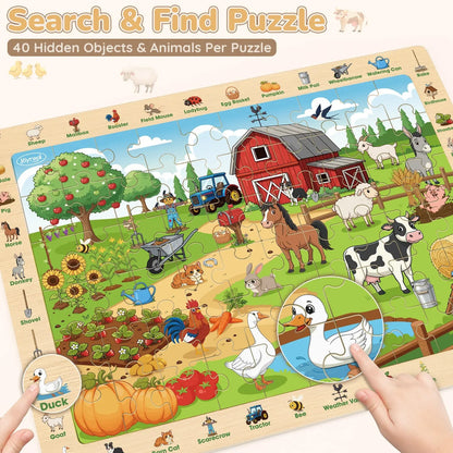 Wooden Search & Find Puzzles Animal Learnig Toys | 4 x 60-Piece