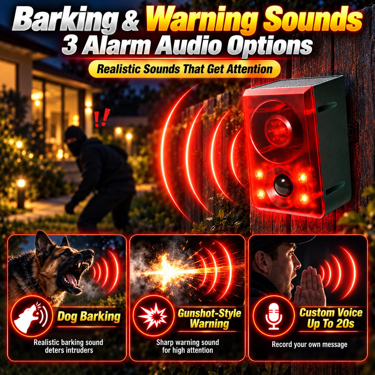 Solar Outdoor Motion Sensor Alarm - Dog Barking & Gunshot Sound, Support Recording and Volume Adjustment, 130dB Noise with Flashing Light to Deter Raccoon, Deer, Skunk, Bear, Coyote