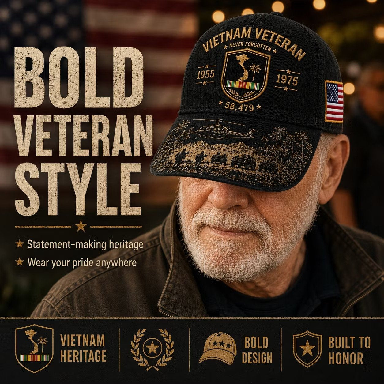 🇺🇸Vietnam Veteran Never Forgotten 1955–1975 Commemorative Cap