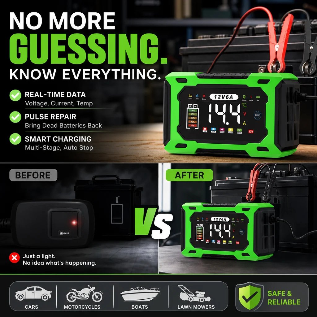 12V 6A Smart Car Battery Charger – Pulse Repair Technology, Auto Maintain & Desulfation