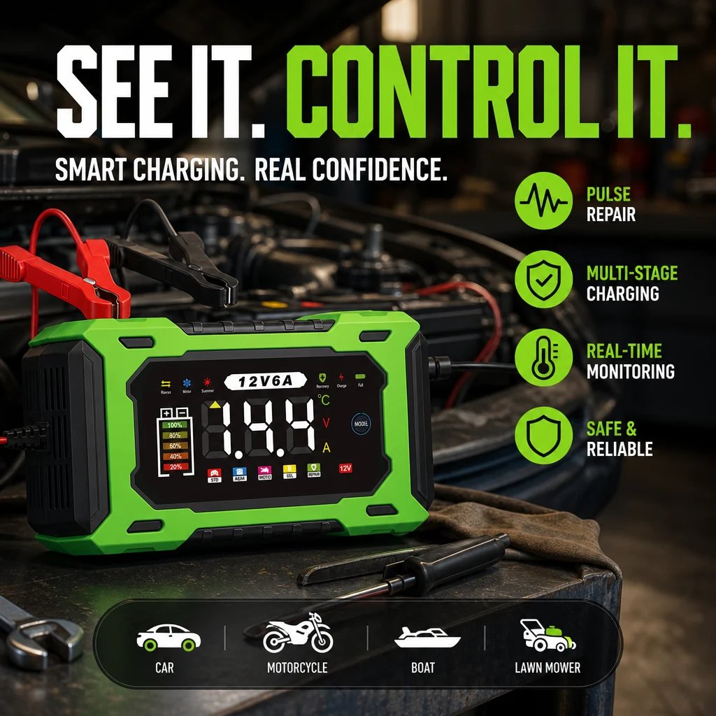 12V 6A Smart Car Battery Charger – Pulse Repair Technology, Auto Maintain & Desulfation