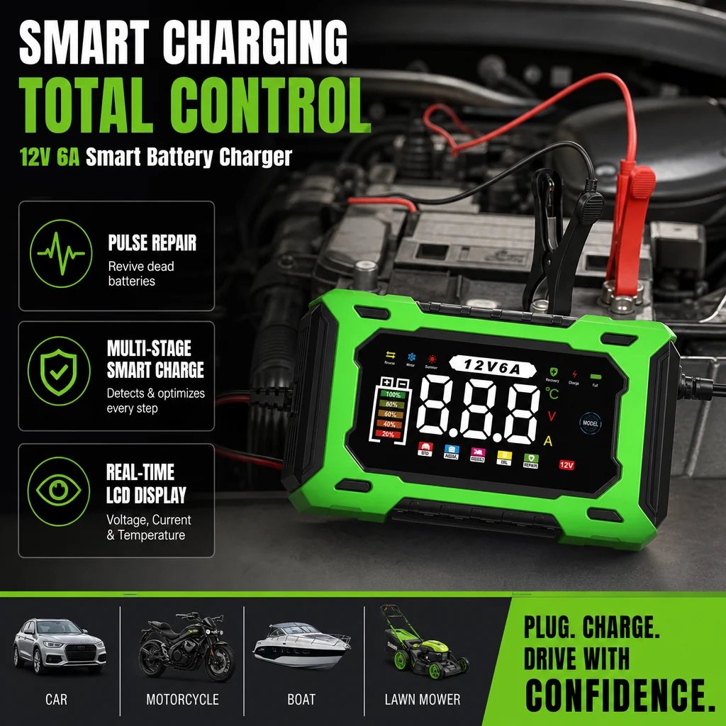 12V 6A Smart Car Battery Charger – Pulse Repair Technology, Auto Maintain & Desulfation
