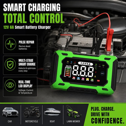 12V 6A Smart Car Battery Charger – Pulse Repair Technology, Auto Maintain & Desulfation
