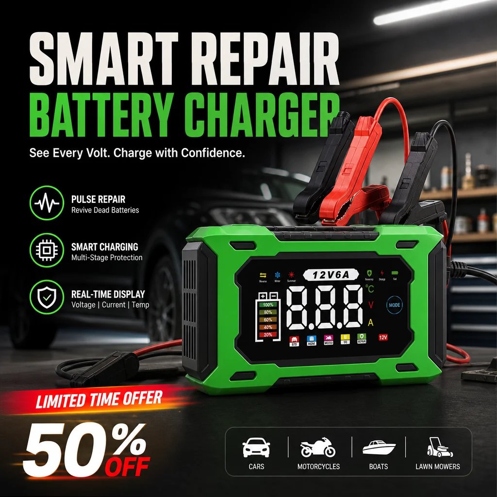 12V 6A Smart Car Battery Charger – Pulse Repair Technology, Auto Maintain & Desulfation