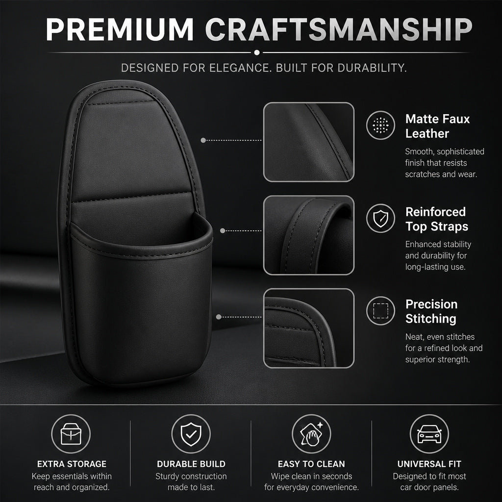 Large PU Leather Car Door Cup Holder & Storage Pocket