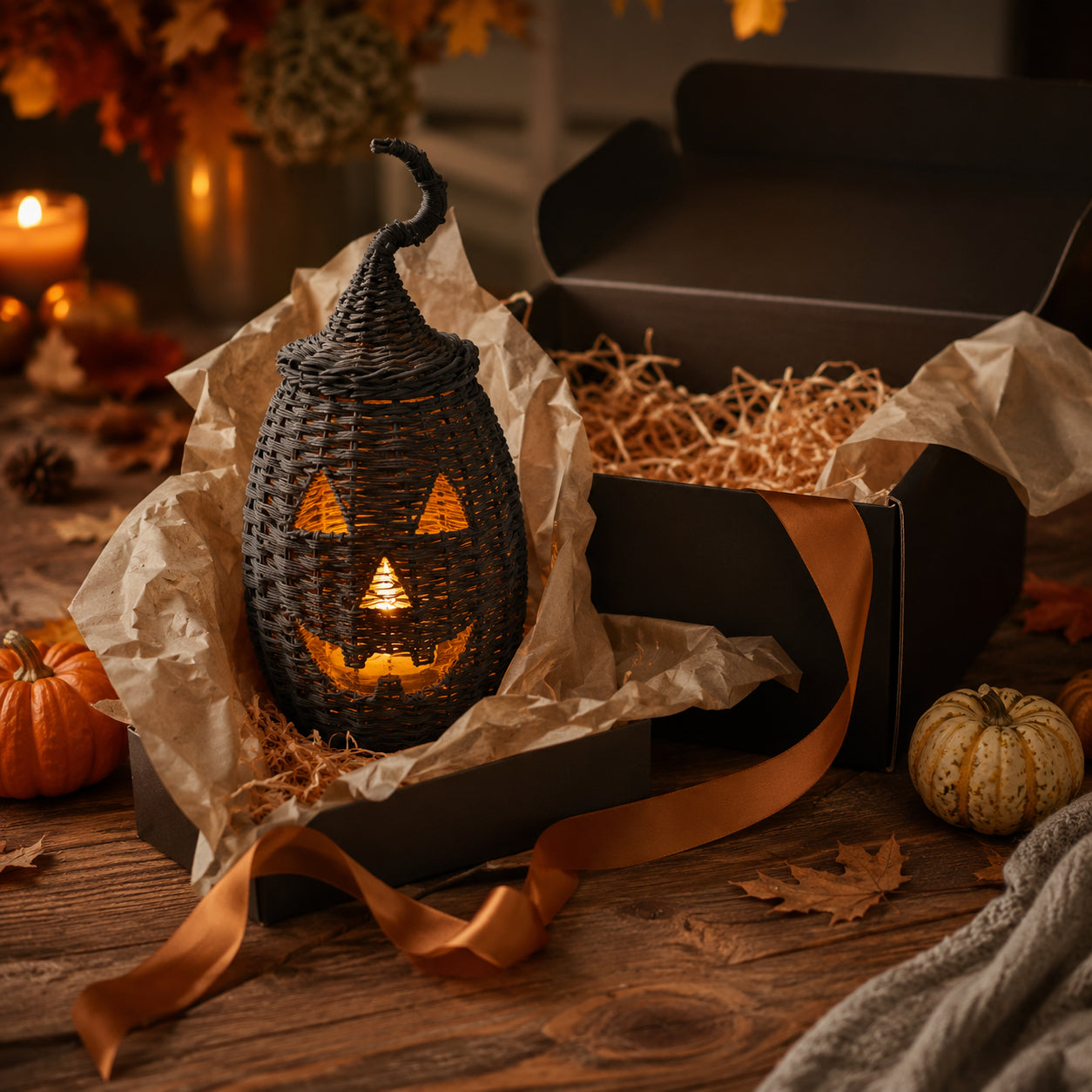 🎃Rustic Wicker Pumpkin Candle Holder - Handwoven Jack-O’-Lantern Halloween Porch Decor