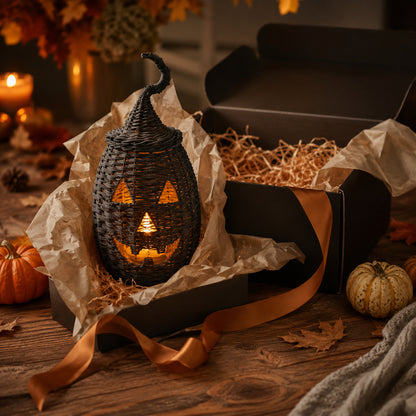 🎃Rustic Wicker Pumpkin Candle Holder - Handwoven Jack-O’-Lantern Halloween Porch Decor