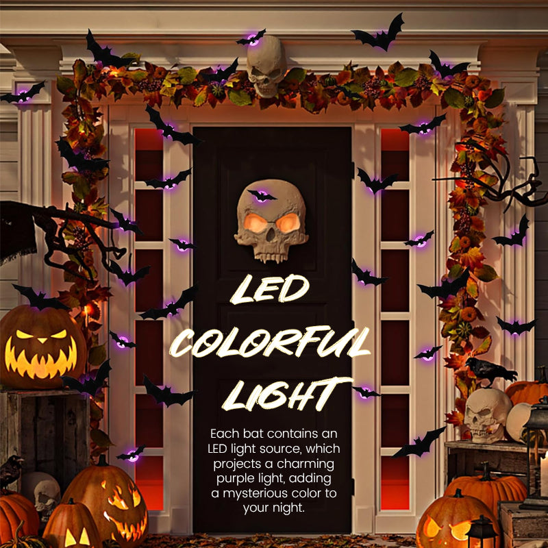 Halloween LED Flying Bat Decorations – Glowing 3D Bat Wall Decor for Porch, Window, Door, Garage & Party Backdrop