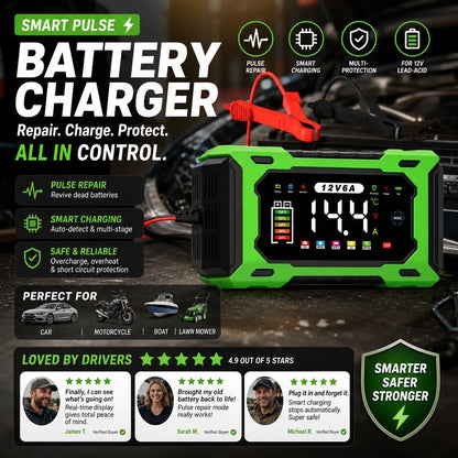 12V 6A Smart Car Battery Charger – Pulse Repair Technology, Auto Maintain & Desulfation