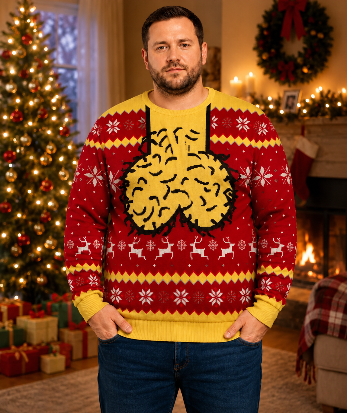 Funny Brain Ugly Christmas Sweater for Men – Festive Holiday Novelty PulloverFunny Brain Ugly Christmas Sweater for Men – Festive Holiday Novelty Pullover