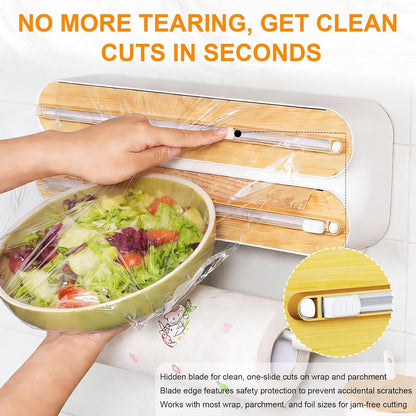 3-in-1 Wooden Kitchen Wrap Organizer – Built-in Cutter for Foil, Plastic Wrap & Wax Paper. Tear Smoothly, Store Neatly.