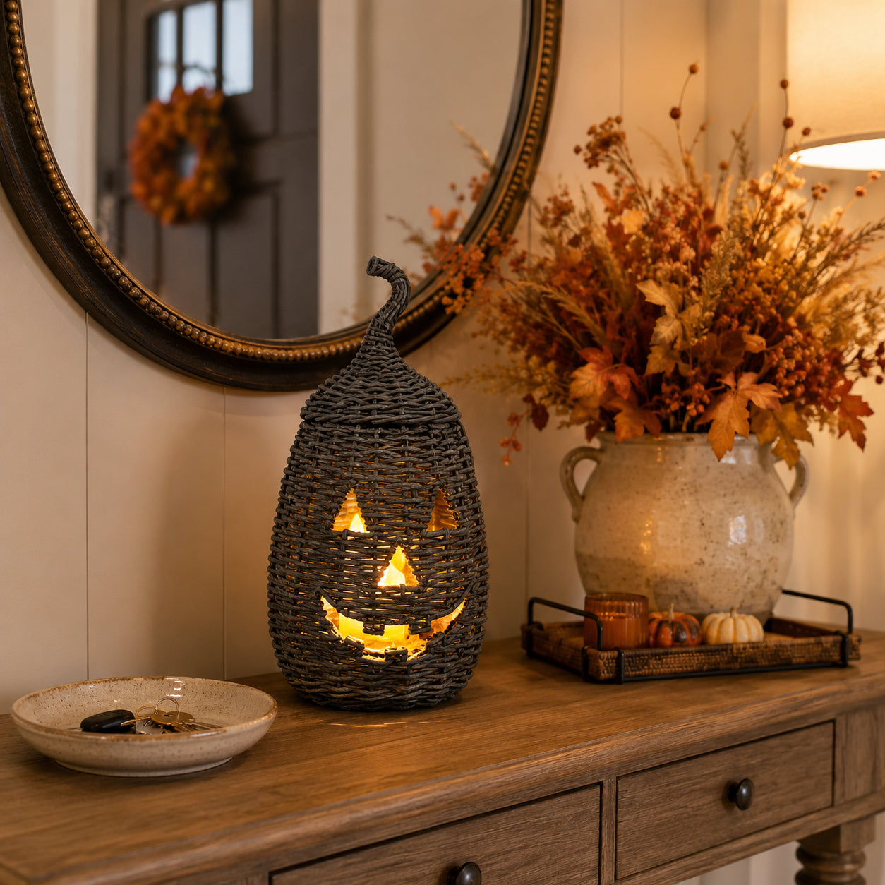 🎃Rustic Wicker Pumpkin Candle Holder - Handwoven Jack-O’-Lantern Halloween Porch Decor