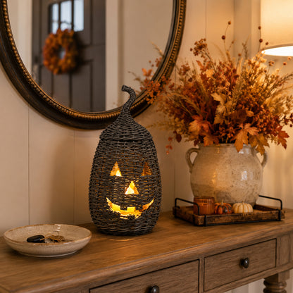 🎃Rustic Wicker Pumpkin Candle Holder - Handwoven Jack-O’-Lantern Halloween Porch Decor